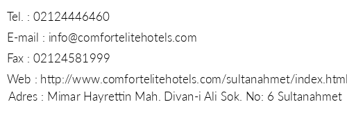 Comfort Elite Hotel Sultanhmet telefon numaralar, faks, e-mail, posta adresi ve iletiim bilgileri
